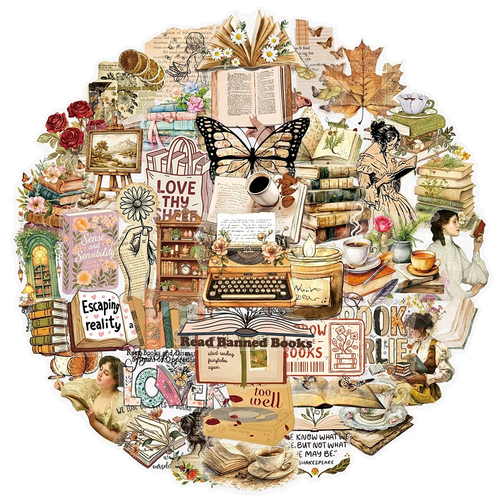 10/30/50pcs Vintage Reading Book Graffiti Stickers Transparent Cartoon Decals DIY Notebook Diary Stationery Reward Retro Sticker
