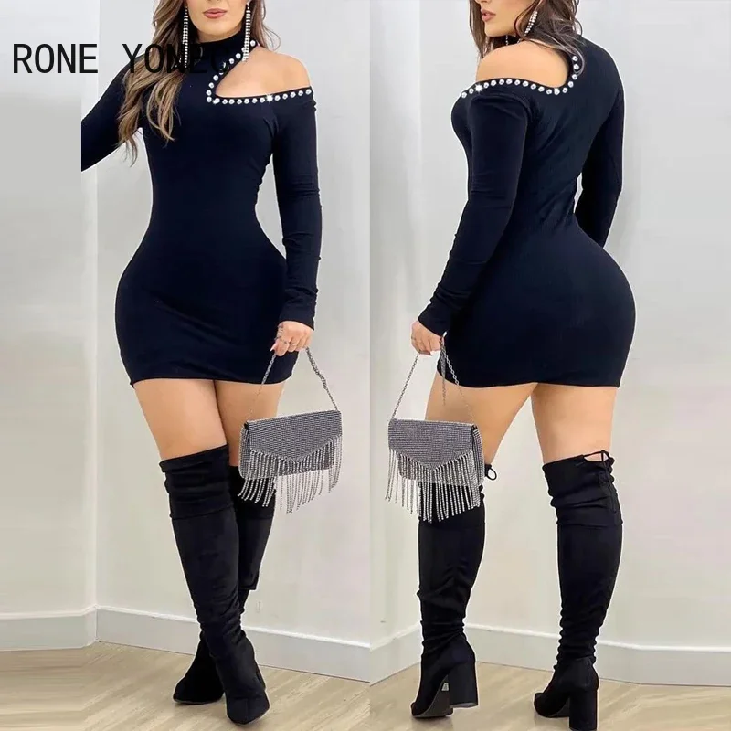 Women Rhinestone Decoration One Shoulder Long Sleeves Mini Bodycon Basic Dress