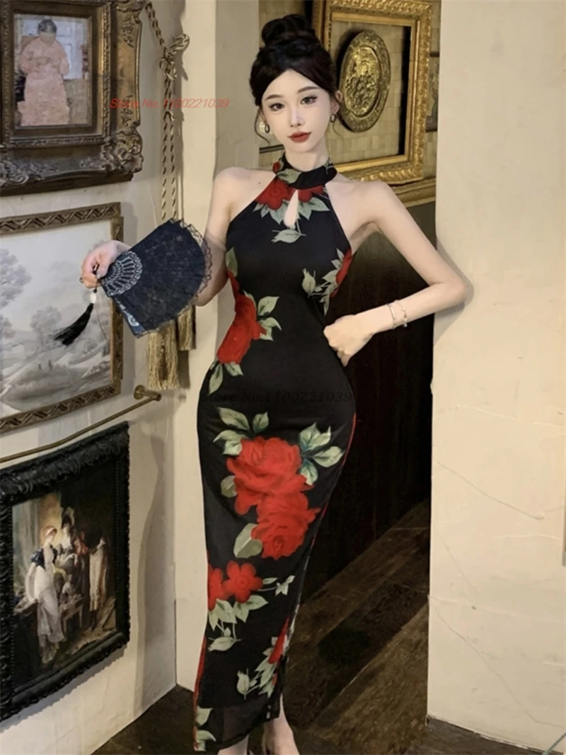 

2025 chinese improved qipao sleeveless qipao dress flower print evening party cheongsam banquet dress vintage nightclub dress