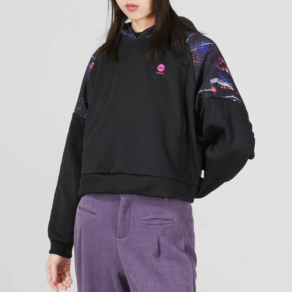

Adidas Originals Line Stylish Black Hooded Sweatshirt Unique Panel Design Short Length For Daily Trendy Outfits
