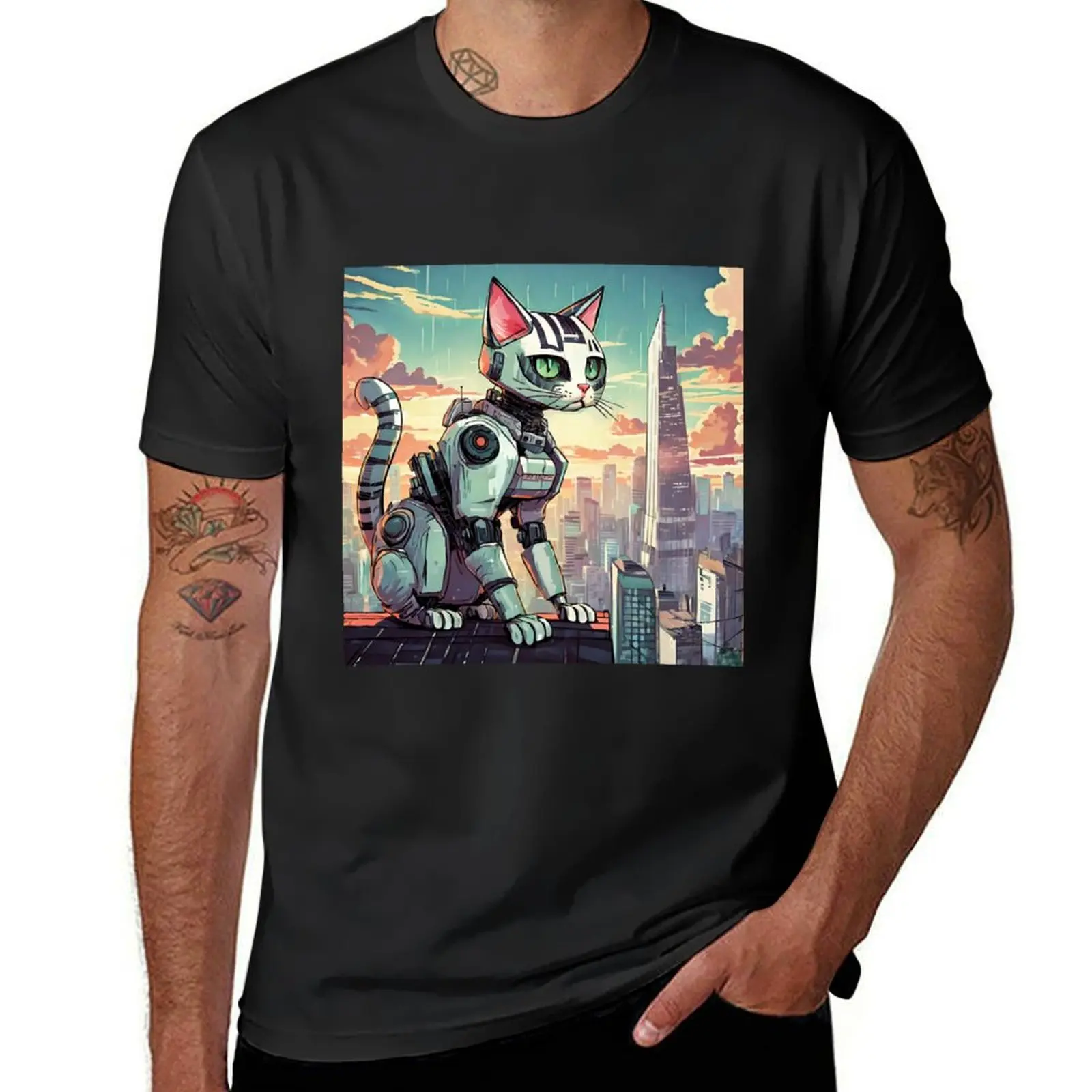 Robot Cat exploring the city T-Shirt sublime graphics men t shirt