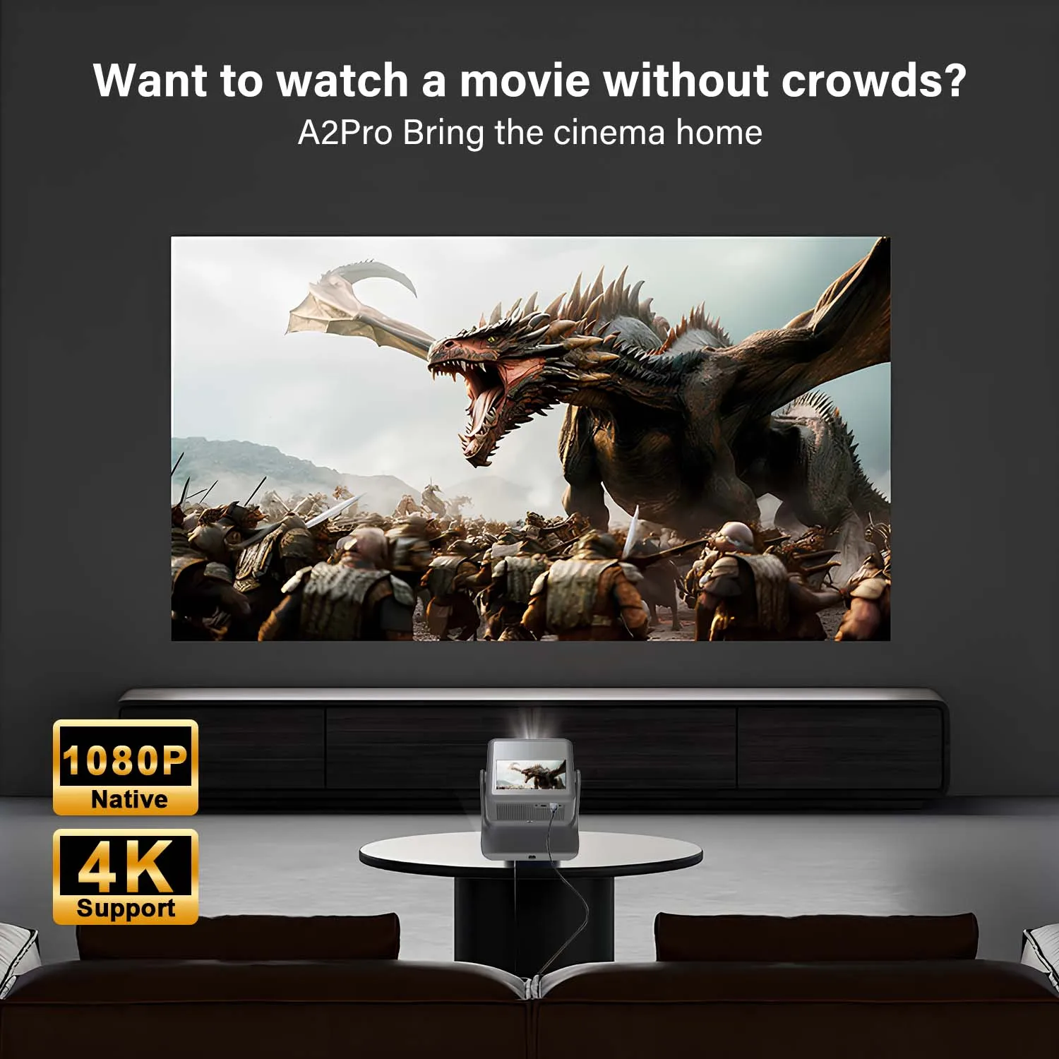Prime Video Supported Projector 8'' Touch Screen 1080P 4K, 180° Rotation - Android iOS Sync, WiFi BT5.0, HDMI USB Home Cinema