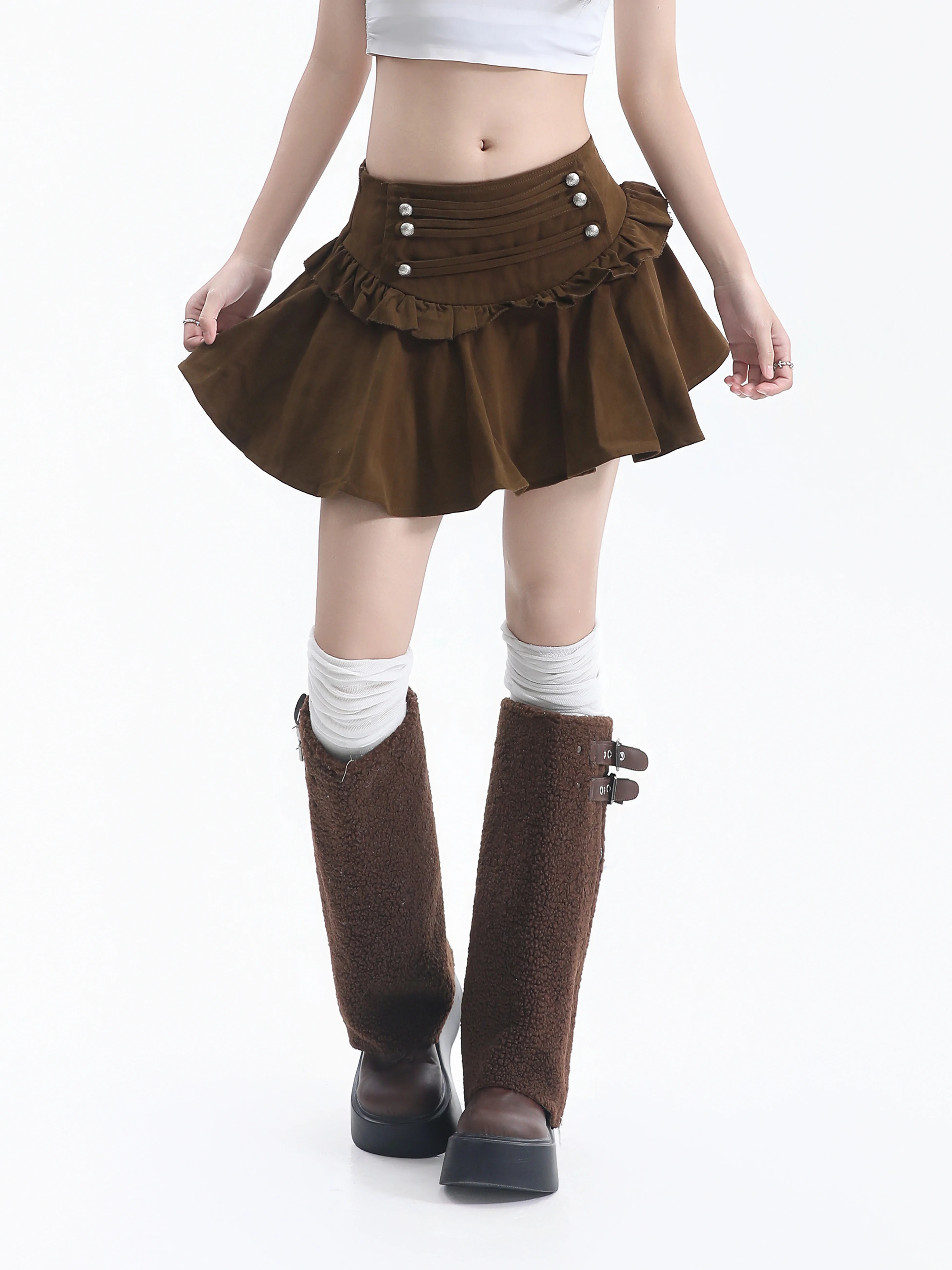 American Style Cool Sweet Short Skirt Women's Design Slimming  Pleated Skirt Double Row Buttons Wooden  Detail