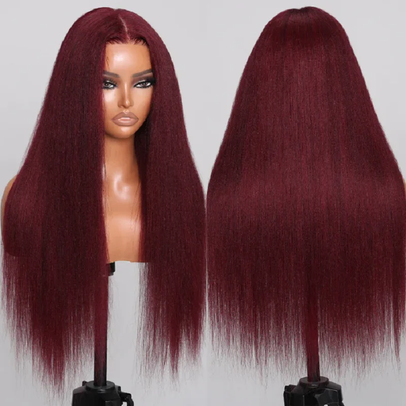 Perruque Yaki sans colle pour femme, cheveux crépus lisses, devant en dentelle bordeaux, densité 180, 99j, 26 po, baby hair, degré de chaleur, préplumé 03/3