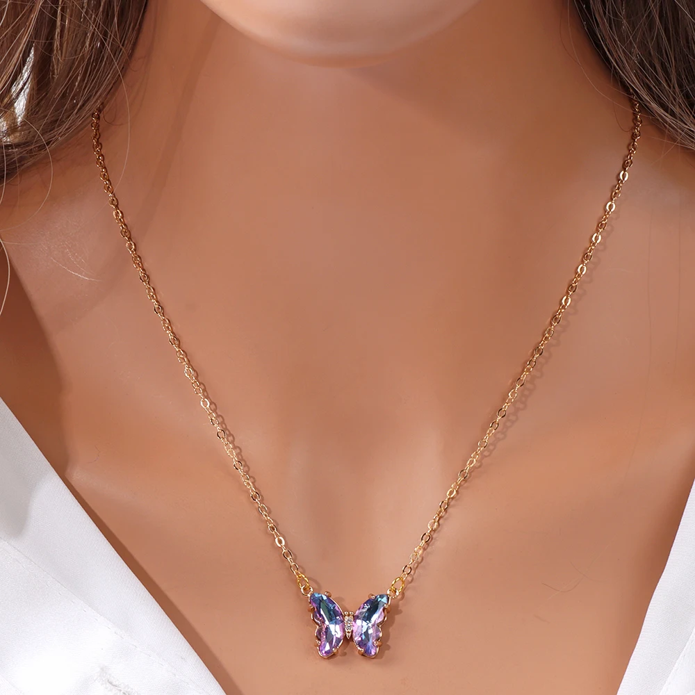 Fashion Crystal Butterfly Pendant Necklaces Clavicle Chain Natural Butterfly Crystal Neckalce Female Choker Neck Jewelry Women