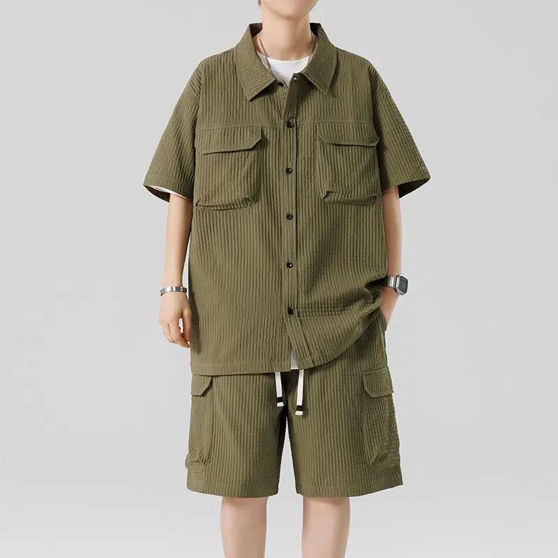 

Summer Fashion Solid Color American Style Sports Short Sleeve Shirt Set Men's Casual Loose Plus Size High Quality Two-Piece Set