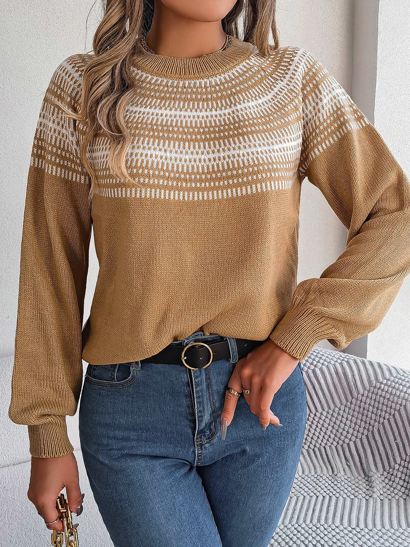 

Sweater for women Autumn and Winter Fashion New Retro Style Clashing Stripes Long Sleeve Pullover Casual Blouse