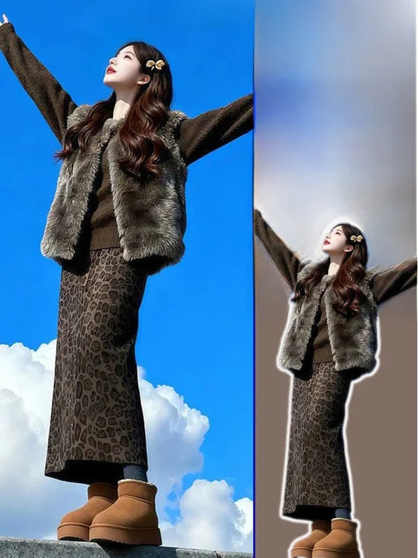 

plus Size Korean Sle Casual Versatile Fur Vest Women's plus Size Inner Slimming Knitted irt Leopard Print Skirt Te...