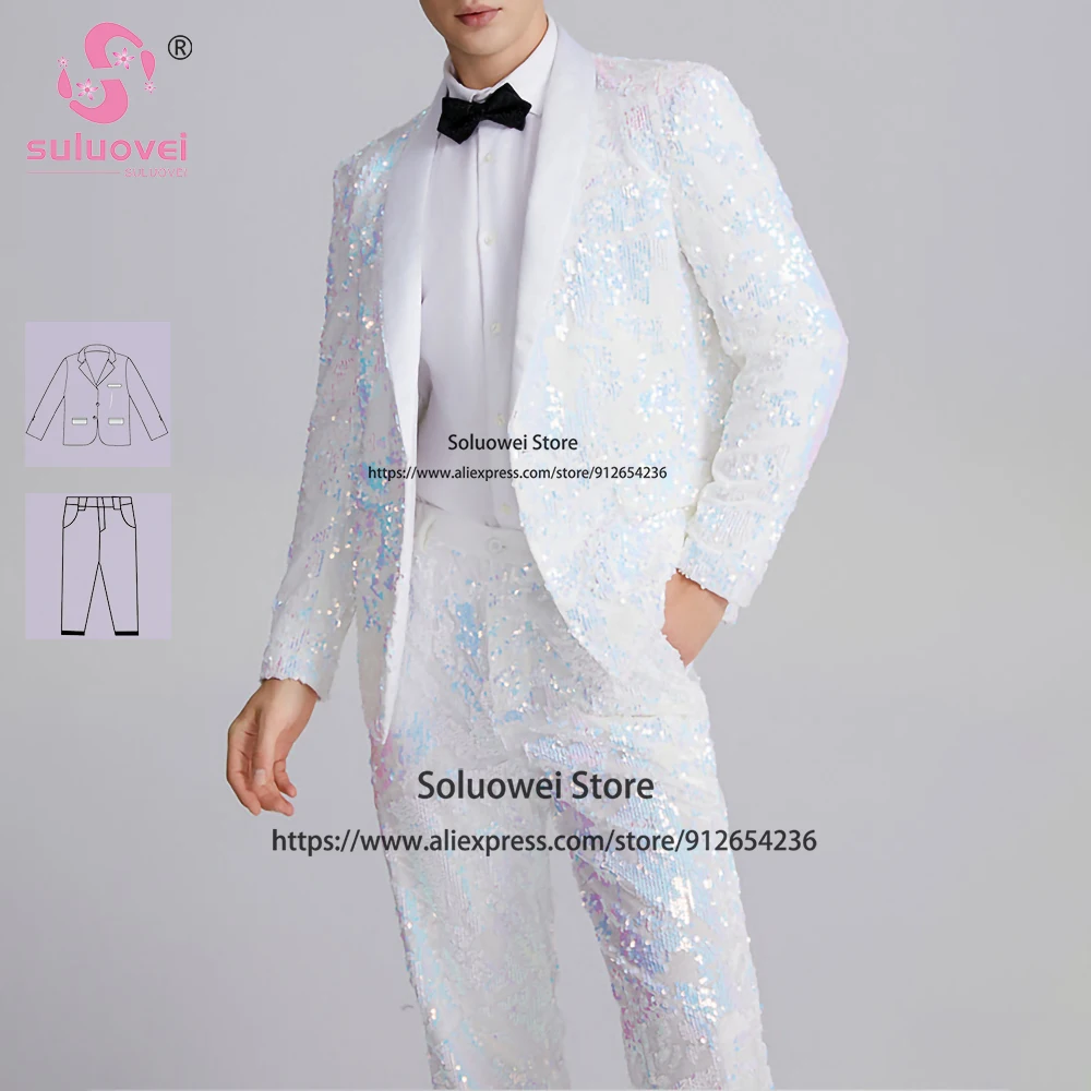 Luxury Sequin Slim Fit Suits For Men Elegant 2 Piece Jacket Pants Set Formal Groom Wedding Shawl Lapel Tuxedos Vestidos De Novia