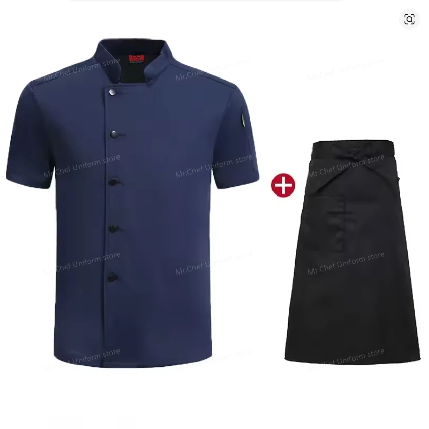 زي طاهٍ للمطاعم بأكمام قصيرة للرجال، جاكيت شبكي قابل للتنفس مع مريلة، معطف طاهٍ للمطبخ، شعار ملابس العمل للنساء باللون الأسود