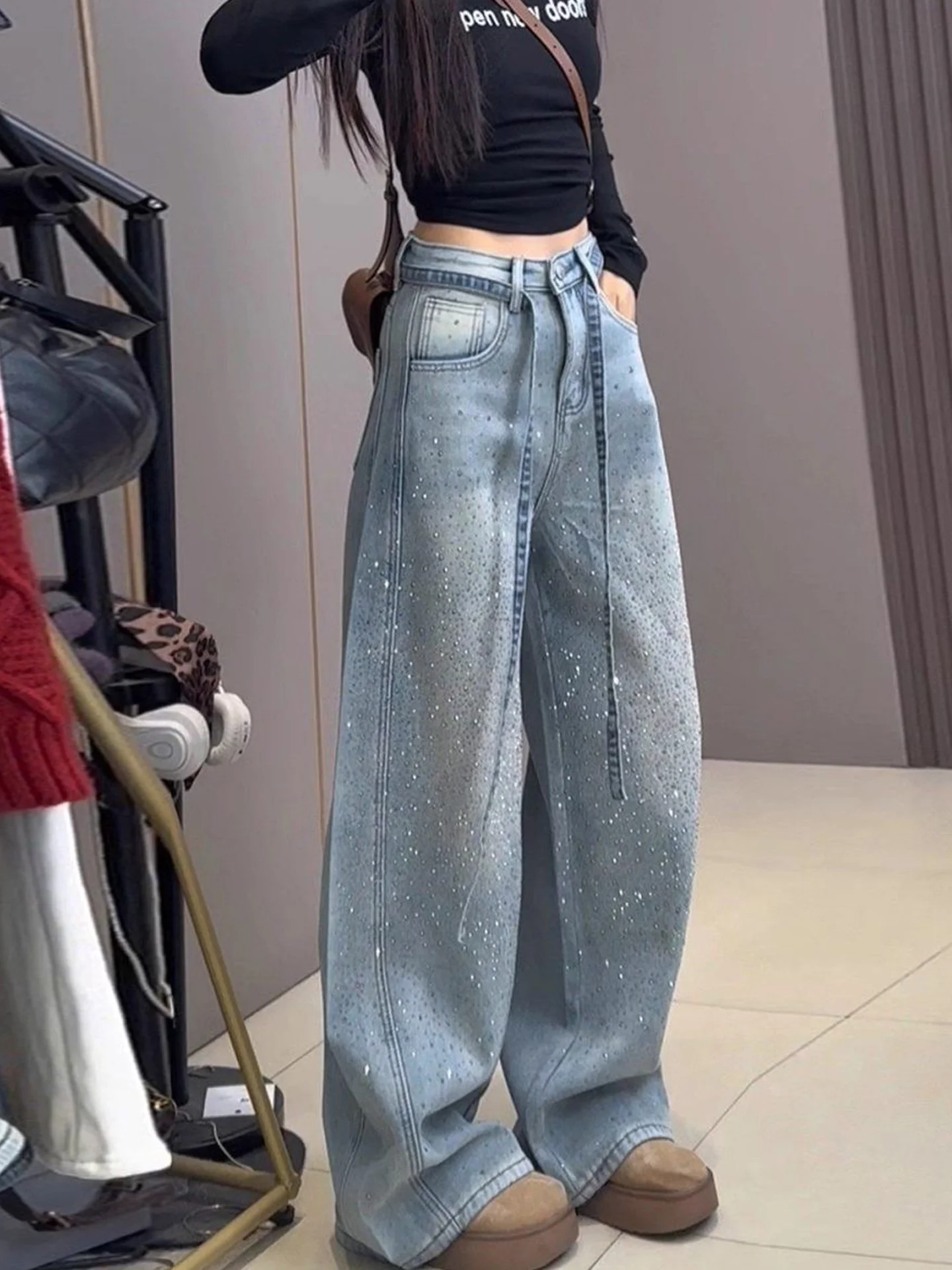 

High Waist Wide Leg Blue Jeans Women's Spring Summer Straight Cut Slimming Long Pants Glittering American Style Denim Jeans
