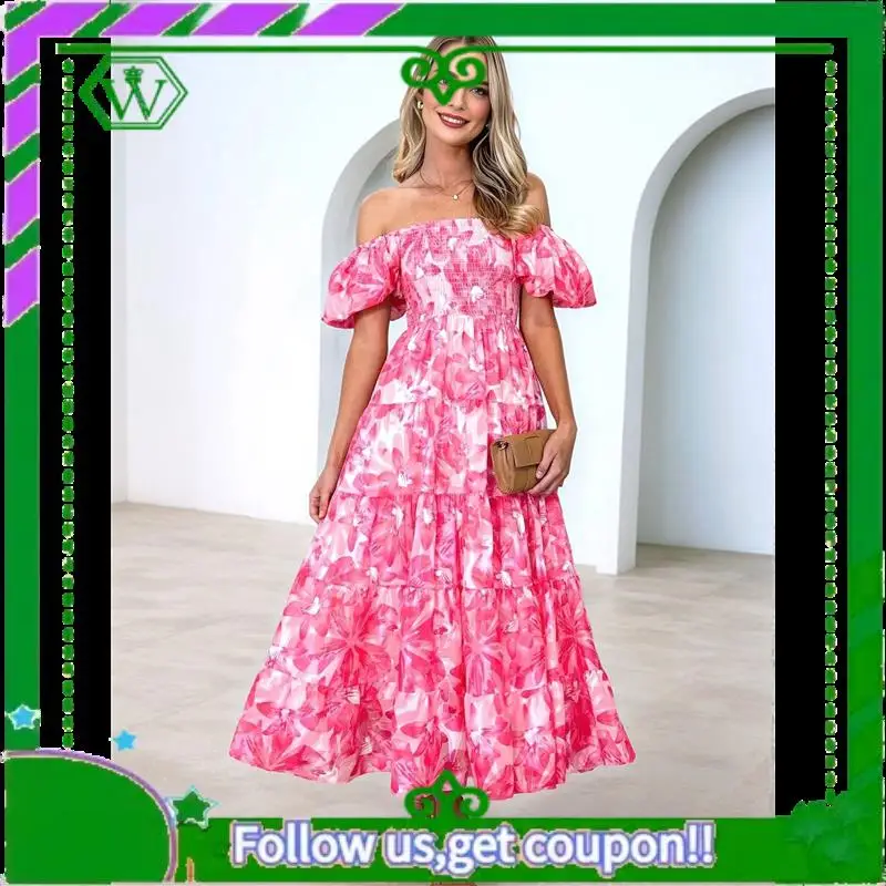 A18P-Women's Summer Casual Midi Dress Puffy Short Sleeve Square Neck Smocked Tiered Ruffle Dresses