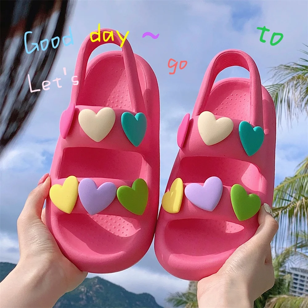 

Summer Beach Vacation Flat Bottom Pink Heart Shaped Sandals Women's Fashionable Thin Striped Slip-On Casual EVA Shoes