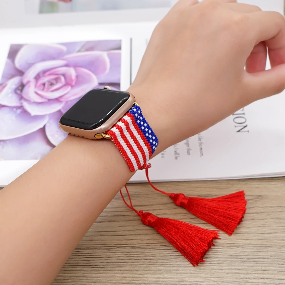 

Free Shipping Flag Beaded Watchbands Lace-Up Rope Chain Bracelet with Tassel 1/2/3/4/5/6/7/se Iwatch Strap for Watch Women Men