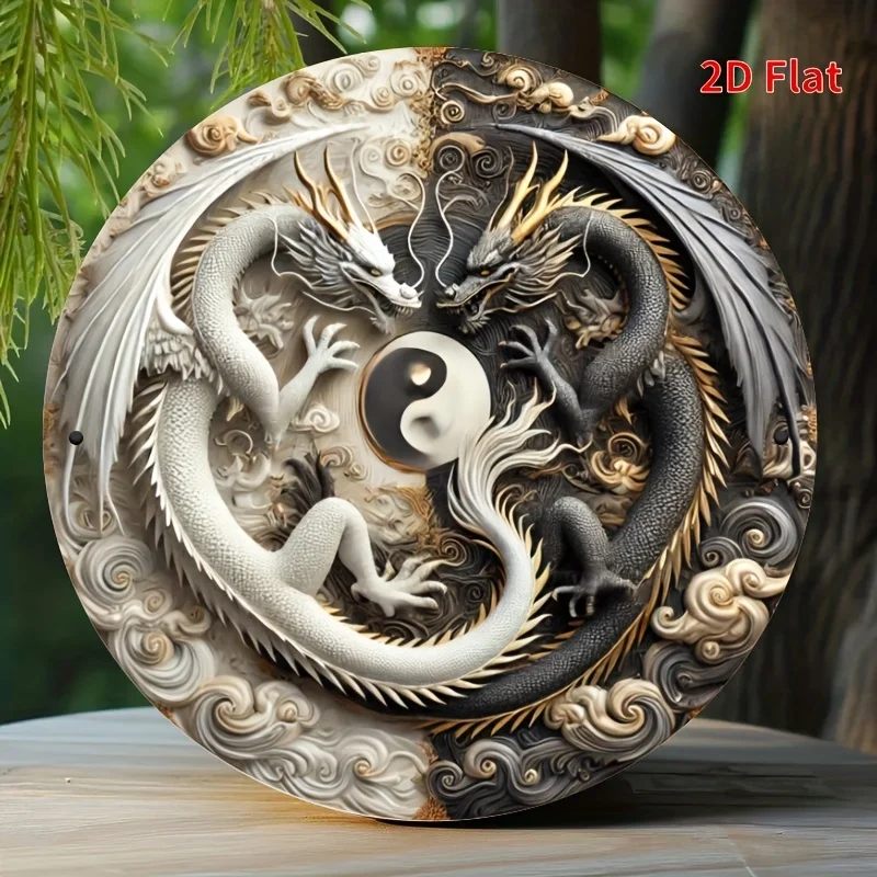 1pc Yin-Yang Dragon metal tin signboard, iron round sign, hanging decoration, wreath centerpiece, Room decoration