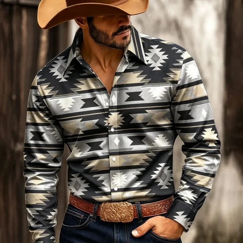 Men's Blue Navajo Geometric Tribal Print Long Sleeve Shirt Turn‑Down Collar Tops For Cowboy Style Outdoor Daily Casual Wear