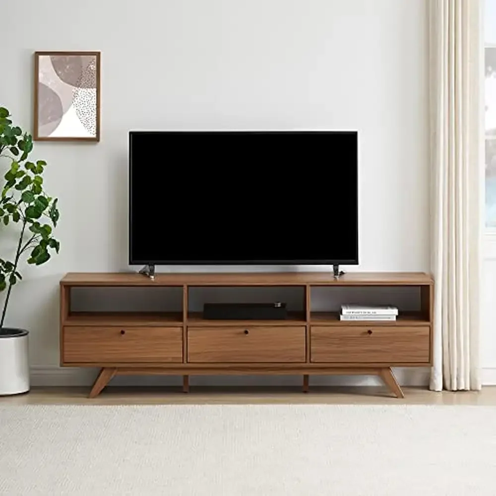 Minimalistische moderne tv-standaard, neerklapbare deuren, geschikt voor tv's van 85 inch, Japandi-stijl, mokka-afwerking, maat 70 inch