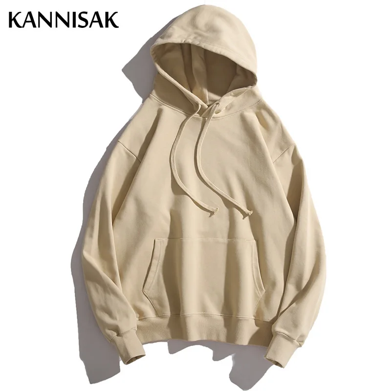 KANNISAK Oversize Mens and Womens Hoodies Spring Autumn 2022 Solid Loose 100% Cotton Harajuku Hodded Sweatshirt Couple Pullovers