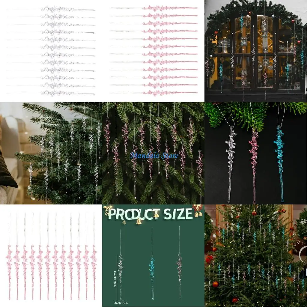 

U2JC 12Pcs Acrylic Icicles Ornament Shatterproof Christmas Tree Decoration Realistic Ice Pendant for Holiday Decoration