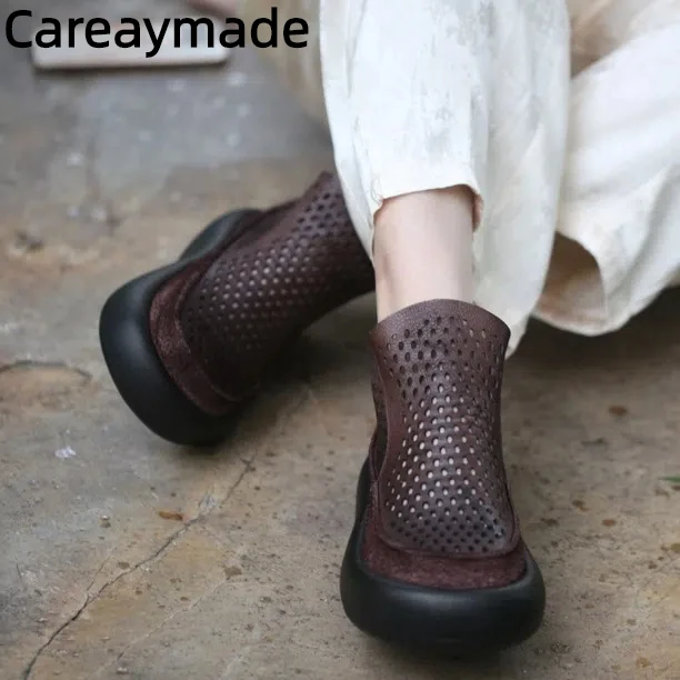 Careaymade-zapatos de mujer de punta ancha y cabeza grande de cuero genuino, botas de mujer ahuecadas cómodas con suela de pan de piel de vaca de capa superior