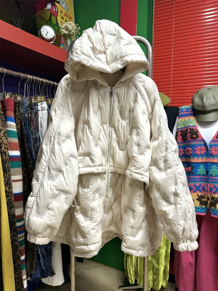 Nowa Zimowa Odzież Damska Modna Lekka Kurtka Puchowa z Kapturem Bardzo Luźna Kurtka Puchowa z Białego Kaczego Puchu Płaszcz Damski