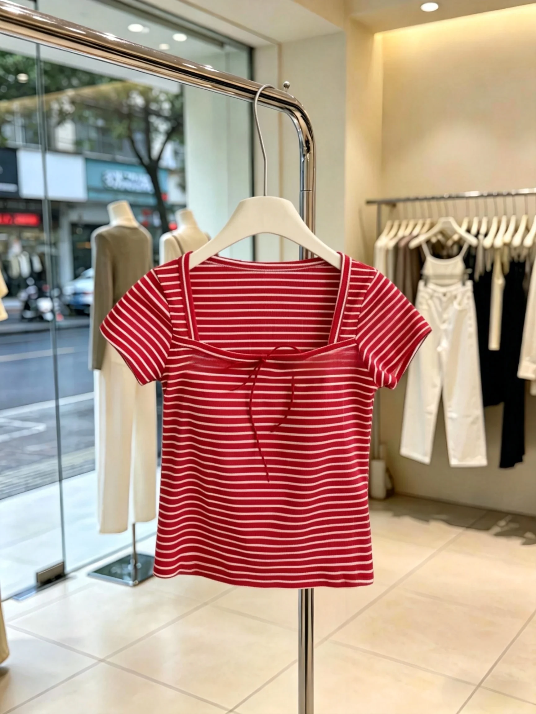 

High-End Korean Style Striped Square Collar Short Sleeve T-Shirt Women's Slim Fit Summer Top with Chest Pad Spicy Girl Shirt