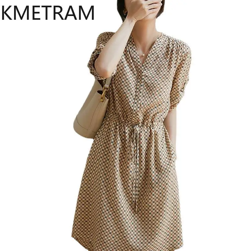 

KMETRAM Mulberry Silk Dress for Women 2024 Mid-length A-Line Dresses Summer V-neck Drawstring Skirt Sukienki Damskie Letnie