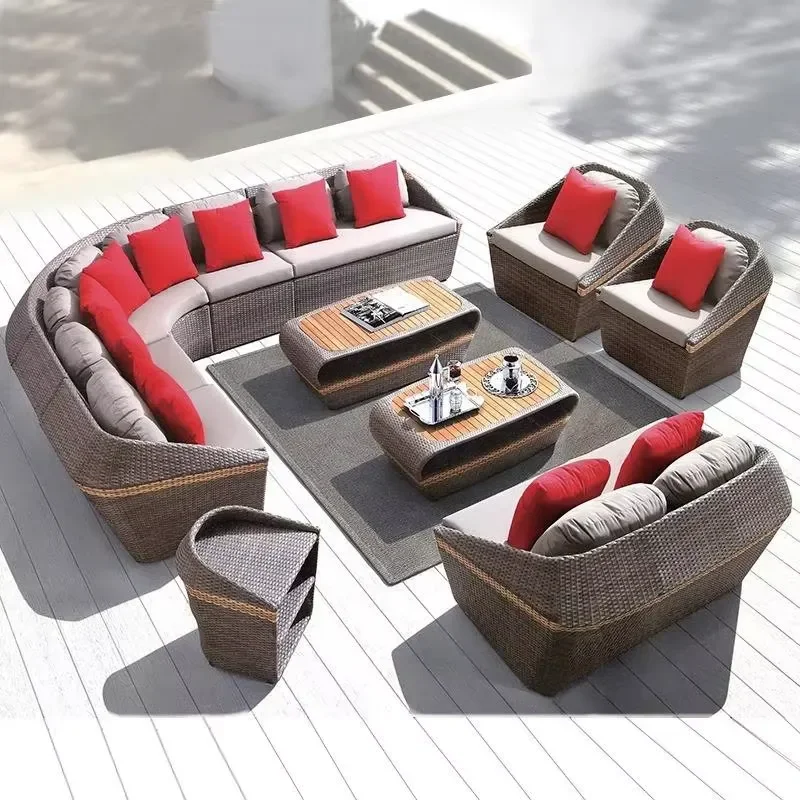 Large Villa Patio Curved Waterproof Outdoor Sofa Set Sectional Home Furniture Lounge Pool Modern Rattan Garden Sofas