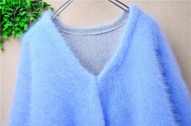 Female Women Fall Winter Clothing Sky Blue Hairy Mink Cashmere Knitted Long Lantern Sleeves V-Neck Loose Cardigans Sweater Coat