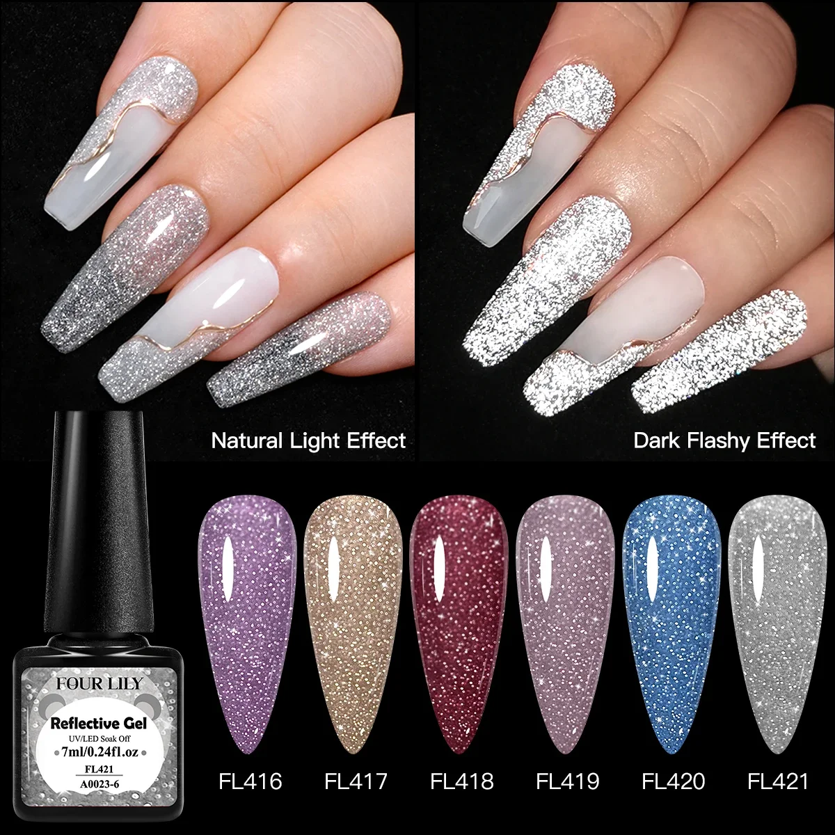 FOUR LILY 7ml Smalto per unghie gel riflettente glitterato Brillante scintillante Splendido effetto argento Gel semipermanente per unghie artistiche