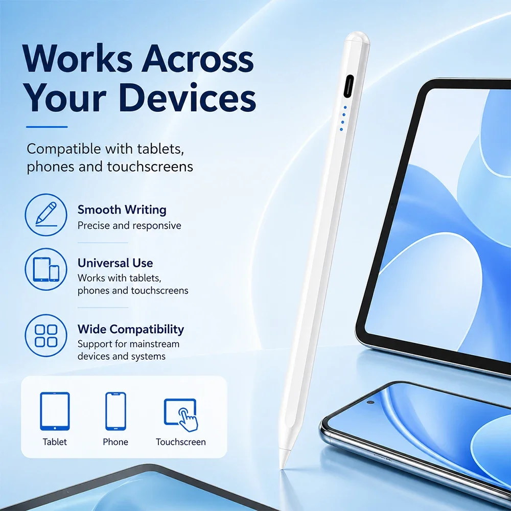 Universal Active Stylus Pen for iPad Android Tablet Phone USB-C Rechargeable Magnetic Touch Control Fine Tip Pencil No Bluetooth