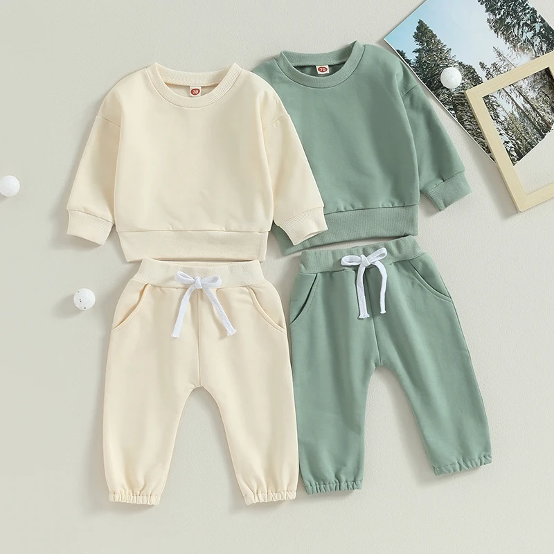 2023-07-05 Lioraitiin 0-3Years Toddler Boys 2Pcs Fall Clothes Sets Solid Long Sleeve Sweatshirt Tops Drawstring Pants Sets