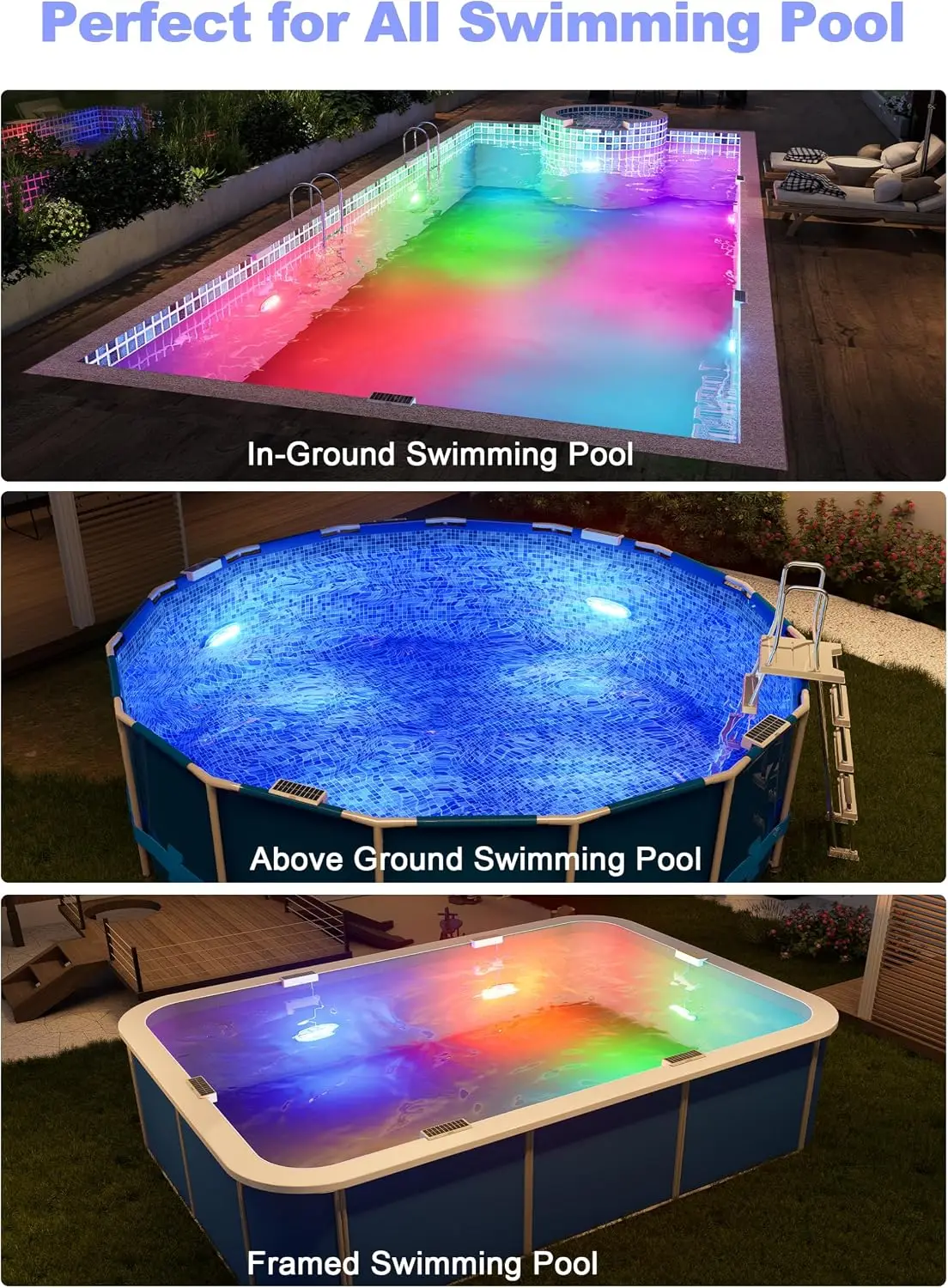 Solar Pool Lights for Above Ground Pools, IP68 Pool Solar Lights 6 Pack Gray | Pool Lights Solar Powered with Remote, RGB