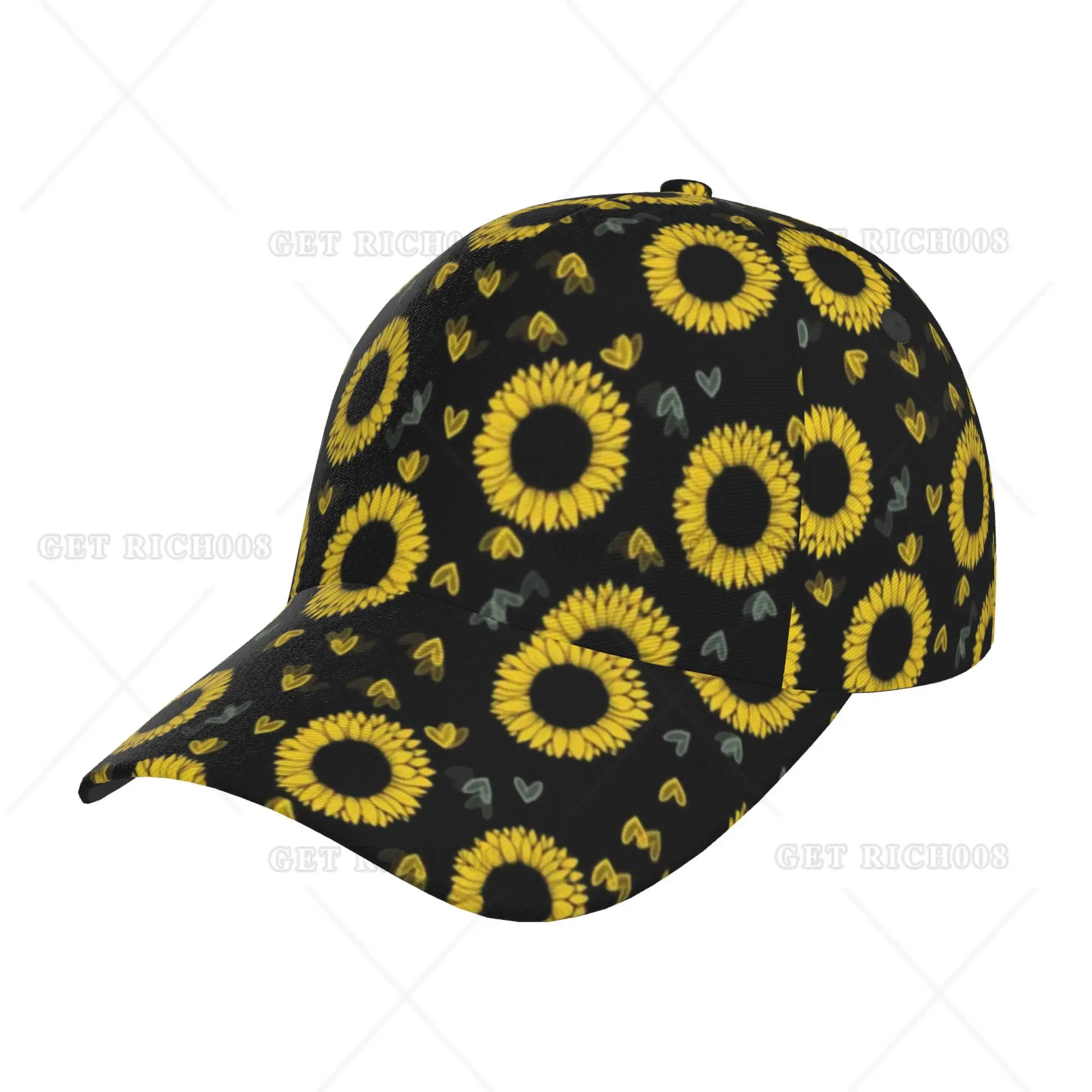 

Sunflowers Hearts Yellow and Black Baseball Cap Print Men Women Adjustable Hat Travel Outdoor One Size