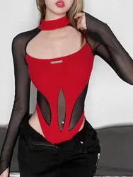 One-Pieces Y2k Clothes Slim Bustier Mesh Sexy Bodysuit Lingerie Hollow Out Body Feminino See Through Streetwear Ropa De Mujer