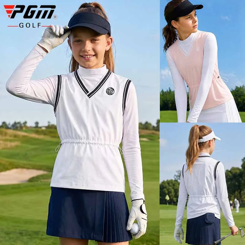 Pgm Girls Golf Shirts Cotton Kids Sleeveless T-shirts Children Waist Drawstring Soft Sports Tops Striped V-Neck Golf Vest