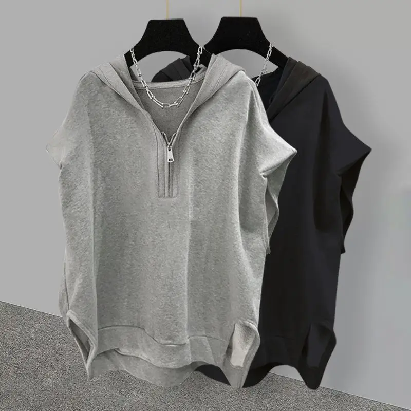 Sleeveless Hoodies Women Solid Zipper V-neck Fashion All-match Slit Design All-match Korean Style Cozy Loose Students Outerwear