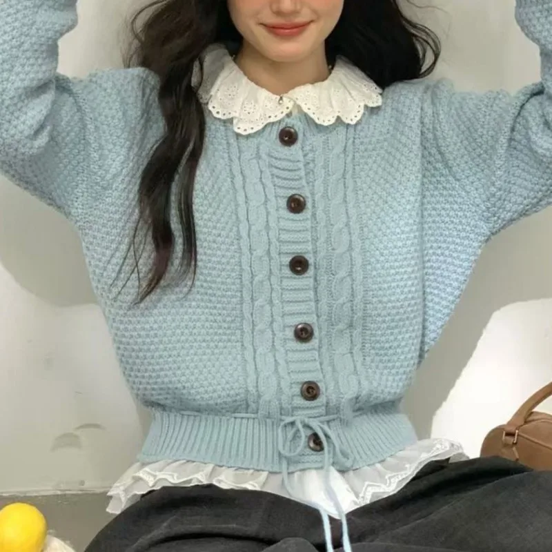 Hem Lace Twist Crew Neck Sweater Women's 2026 Autumn and Winter Drawstring Waist Soft Waxy Warm Knitted Cardigan Jacket