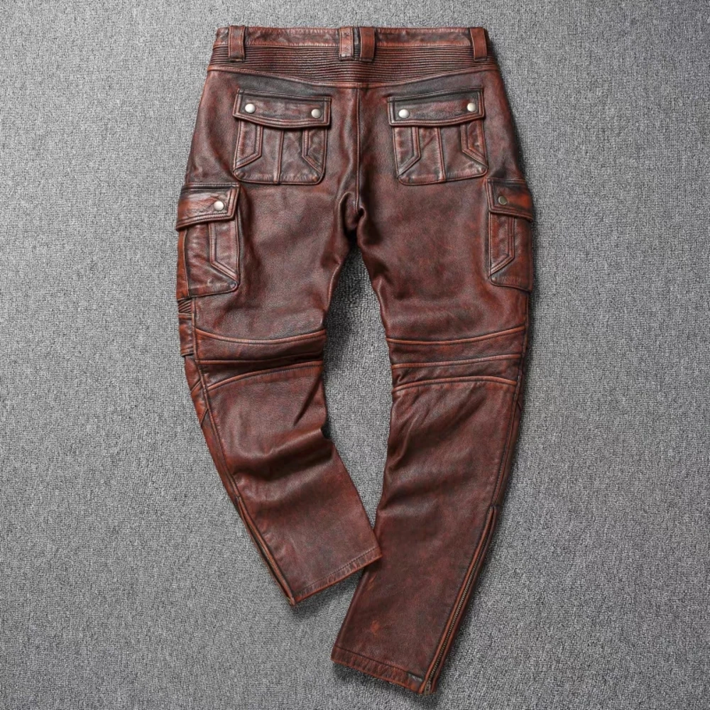 Leather Men's Front Layer Cowhide Motorcycle Vintage Brown Natural Calfskin Pants