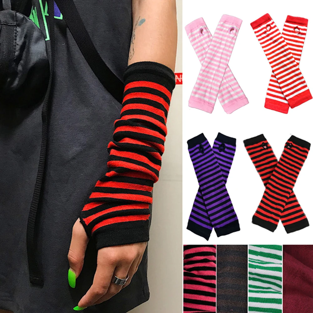 

Fashion Women Lady Striped Elbow Gloves Warmer Knitted Long Fingerless Gloves Elbow Mittens Christmas Accessories Gift