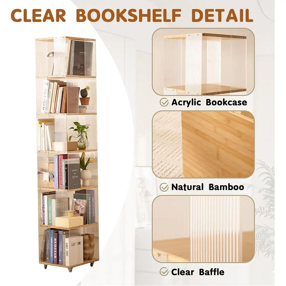 360 °   回転式アクリル本棚 - 子供、家庭、オフィス用の6段の背の高い狭い収納棚