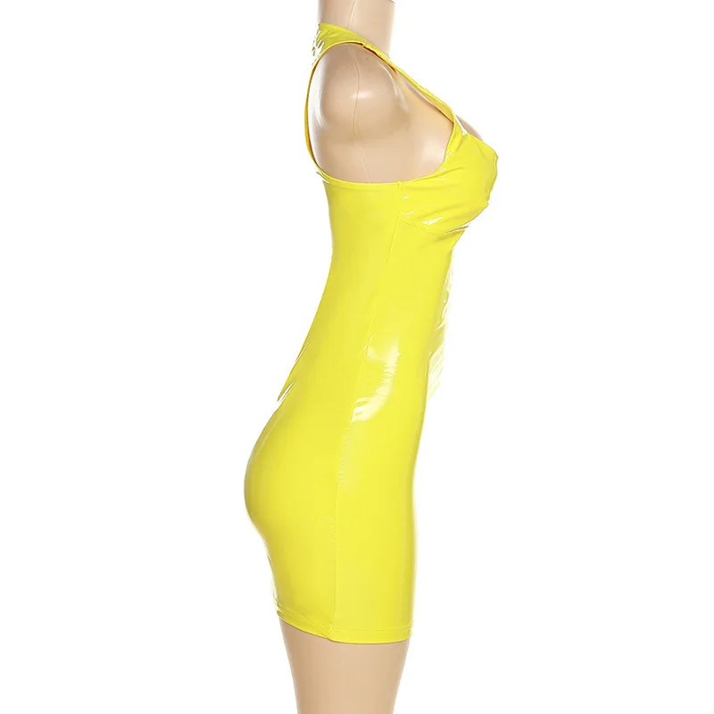 2023 Sexy Womens Sleeveless Latex Tank Dresses Patent Leather Wet Look Clubwear Costume Bodycon Yellow Black Mini Dresses