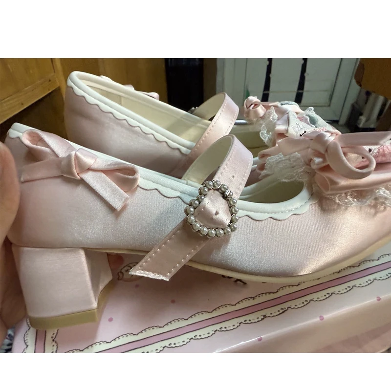 Pink Lolita Block Heels Mary Jane Shoes Floral Lace Bow Pearl Heart Buckle Sweet Kawaii Princess Pumps Wedding Cosplay Shoes