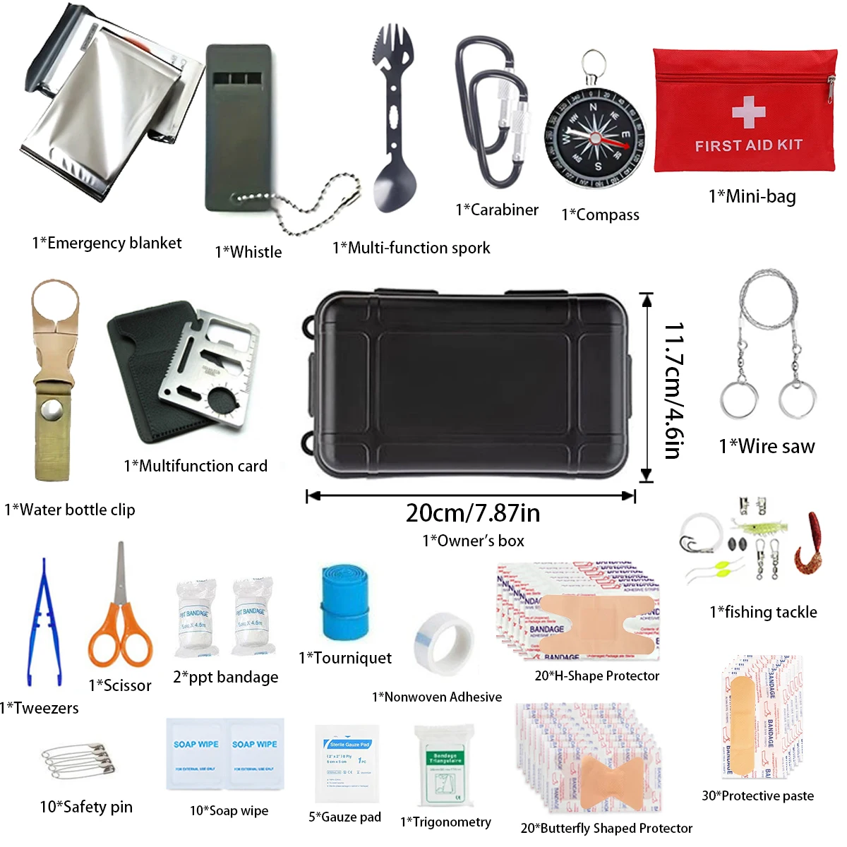 Survival First Aid Kit with 57 tools: a comprehensive wilderness emergency kit for camping, fishing and emergency situations