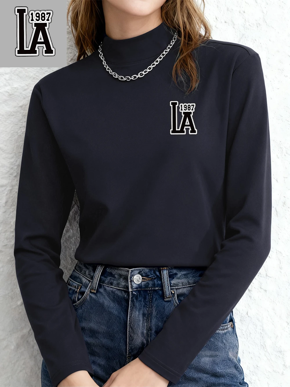 

1987 Los Angeles Printed T-Shirt Women Winter Fleece Tops Slim Fit Warm Half Turtleneck Bottoming Shirt Casual Woman Clothes