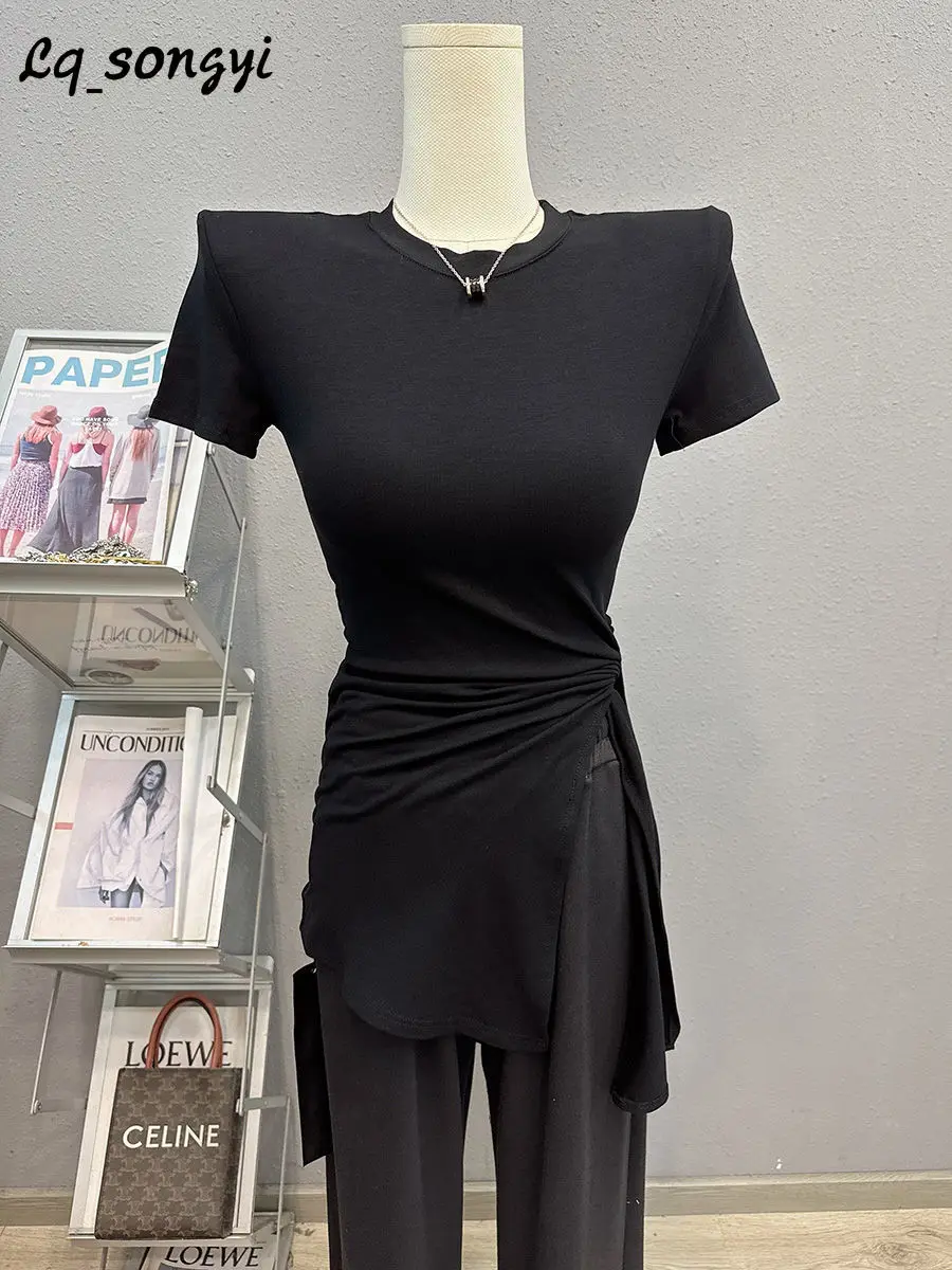 Lq_songyi-Camisetas largas con cuello redondo para mujer, Camiseta ajustada de manga corta con abertura Irregular elegante, Tops sólidos Pop coreanos, Verano