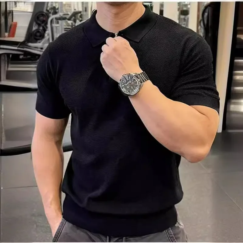 High-quality Semi-zipper Ice Silk Knitted Sweater Summer Fashion Simple Slimming T-shirt Light Mature
