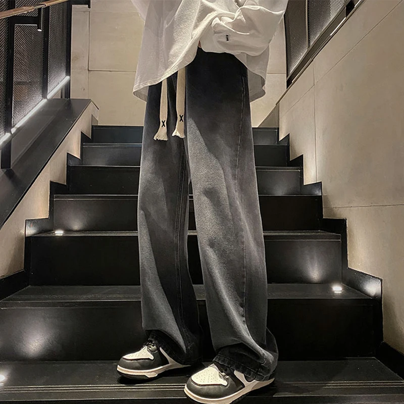 

aduated Denim Jeans Men's Autumn Winter New American Retro High Street Loose Straight Teenage Casual Long Pants