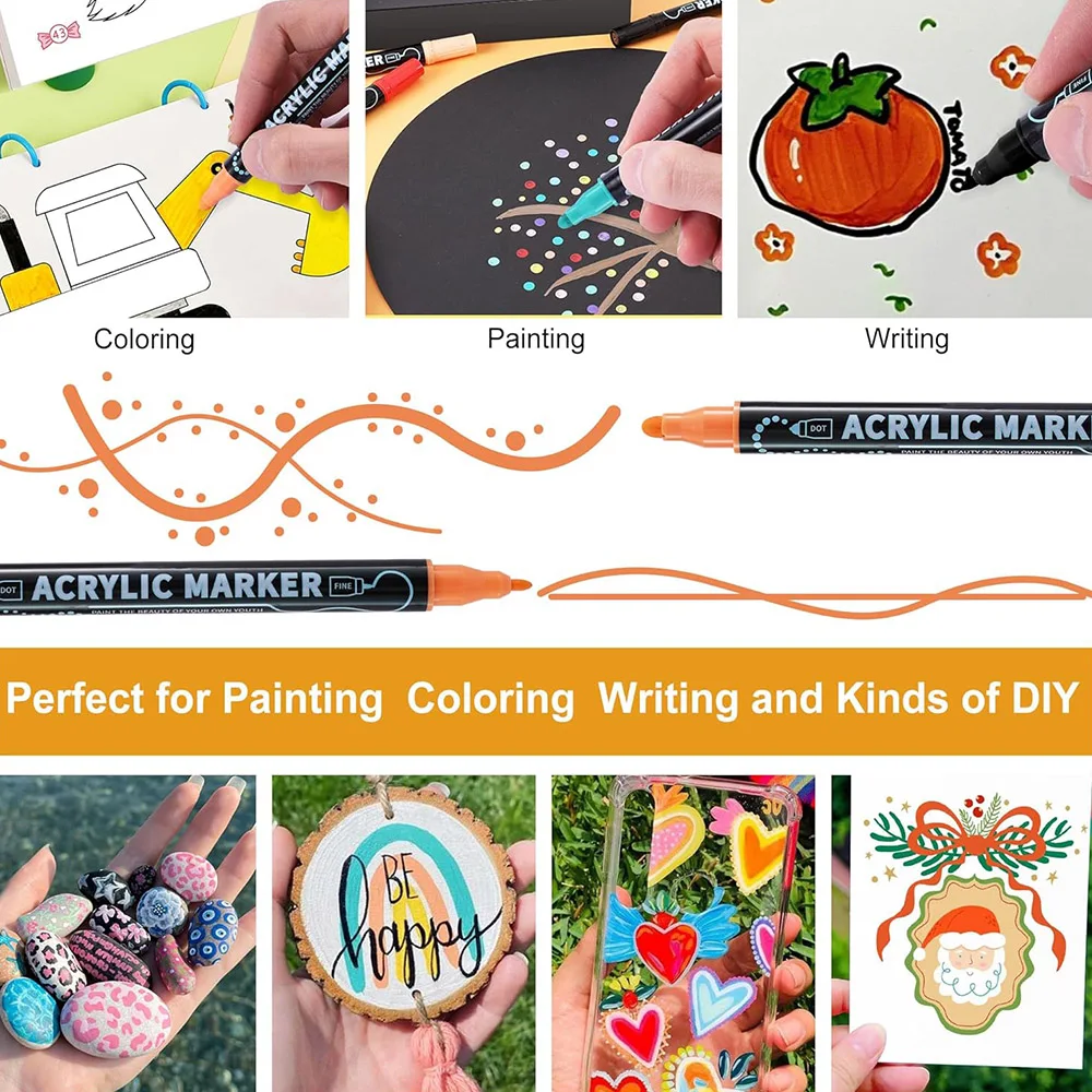 أقلام طلاء أكريليك، مجموعة أقلام طلاء أكريليك ذات طرف مزدوج 12/36/60 لونًا مع طرف فرشاة وأقلام طلاء ذات طرف رفيع #6