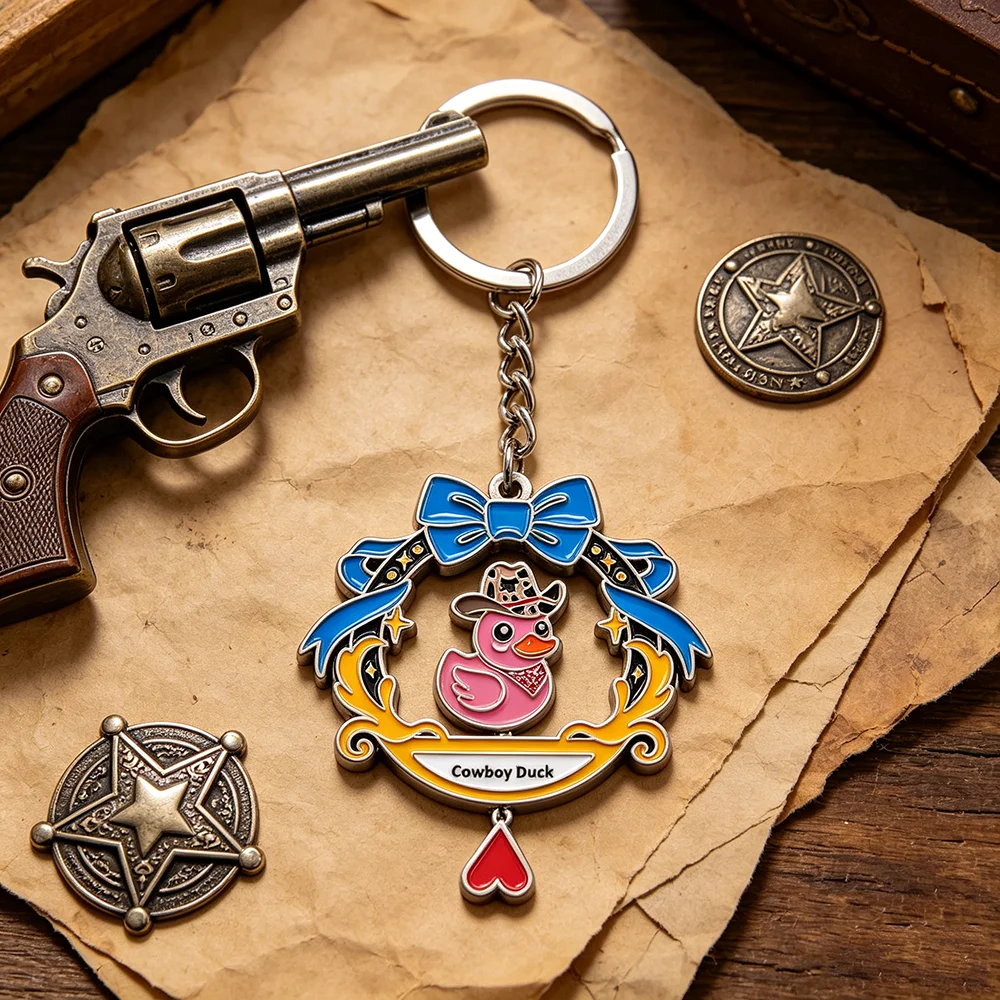 Lustiger rotierender Cowboy-Enten-Schlüsselanhänger, doppelseitig drehbarer rosa Enten-Schlüsselring, Kawaii-Tier-Metallanhänger, Schmuck für Rucksack und Tasche – Detail 10